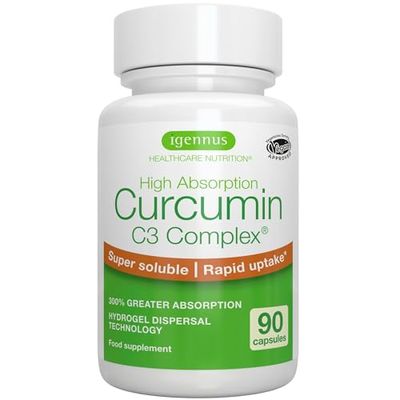 Igennus Advanced Curcumin C3 Complex, 90 Servings, 95% Standardised Extract, 300% Greater Absorption & Rapid Uptake, Clean Label, Vegan Supplement, 1-a-Day, 90 Capsules