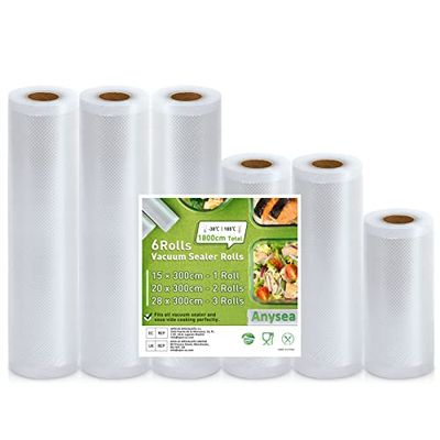Anysea Sacchetti per Sottovuoto Alimenti:Rotolo Sottovuoto Alimenti per Conservazione Alimenti, Sacchetti Sottovuoto Compatibili con Macchina Sottovuoto, 6 Rotolo 15x1/20x2/28x3/300cm