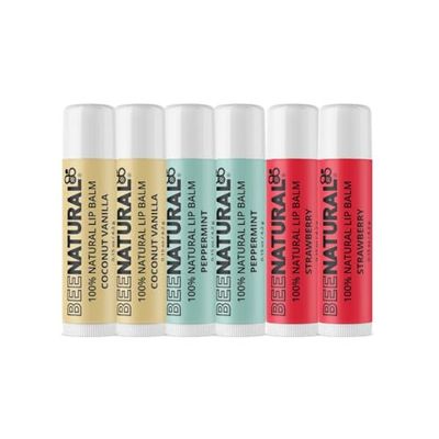100% Natural Moisturising Lip Balm - Multi Flavour (Peppermint, Coconut Vanilla, Strawberry) Pack of 6