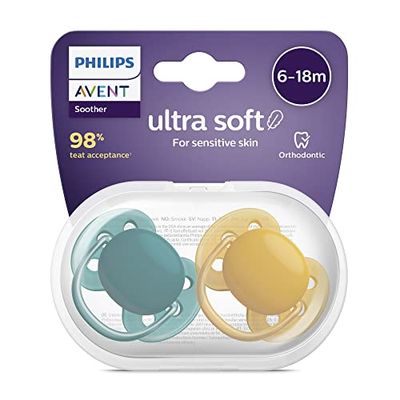 Philips Avent Lot de 2 sucettes ultra-douces sans BPA pour les bébés âgés de 6 à 18 mois, Vert foncé/Jaune (modèle SCF091/04)