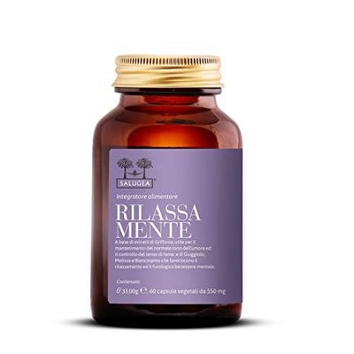 Salugea RILASSA MENTE - Integratore Rilassante contro Ansia e Stress - 100% Naturale - Con Griffonia, Giuggiolo, Melissa E Biancospino - 60 Capsule Vegetali