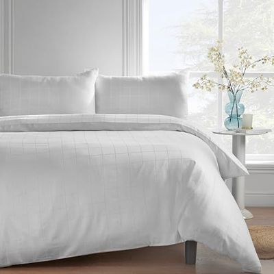 Catherine Lansfield Drap-Housse en Coton Majoritaire tissé à Carreaux 300 Fils pour lit Super King Size Blanc