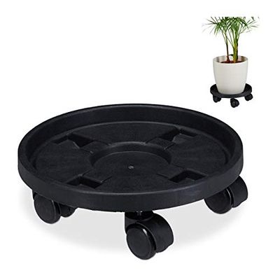 Relaxdays Växtroller rund, uppsättning av 2, Ø 30 cm, blomkruksunderlägg med hjul, plast, inomhus och utomhus, svart