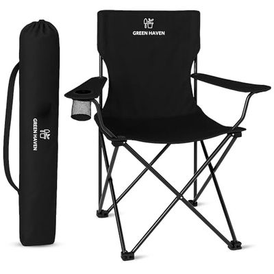 Green Haven Chaise de Camping Pliante – Chaise de Pique-Nique légère Noire avec Porte-gobelet, Polyester 600D et Anti-déchirure, Cadre en Acier Robuste, Portable et Confortable pour Le Camping en