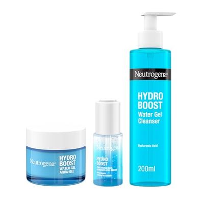 Neutrogena Hydro Boost Water Gel Cleanser, 200 ml +Moisturiser with Hyaluronic Acid & Trehalose - For dry skin - 50 ml + Hyaluronic Acid Concentrated Serum 15ml