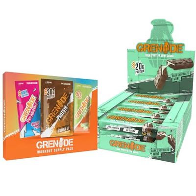 Grenade High Protein, Low Sugar Bar - Dark Chocolate Mint, 12 x 60 g & Grenade Workout Sample Bundle, Single Serving per Supplement Powder