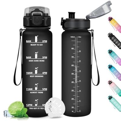 Drinkfles, 1 liter, herbruikbare drinkfles, filterfles, lekvrije waterfles, sportfles met motiverende tijdweergave, voor fiets, fitnessstudio, school