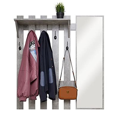 Meerveil Wandgemonteerde kapstok met spiegel, haakrek met 5 haken, industriële stijl voor hal, 100 x 22 x 106 cm (grijs)