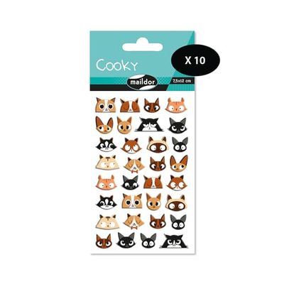 Maildor CY032Opack - Bolsa de gomas 3D Cooky 1 tabla de 7,5 x 12 cm, cabezas de gatos (24 pegatinas) - Paquete de 10