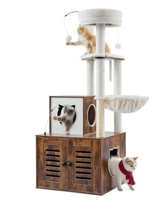 VEVOR Arbre à Chat, 140 cm, Grand Tour d'escalade à Chats 2 en 1 avec Meuble à Bac à Litière Condo à Plusieurs Niveaux avec Perchoir, Griffoirs en Sisal, Hamac, Maison de Repos pour Chatons Intérieur