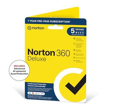 Norton 360 Deluxe 2022 Antivirus Software for 5 Devices 1-Year Subscription