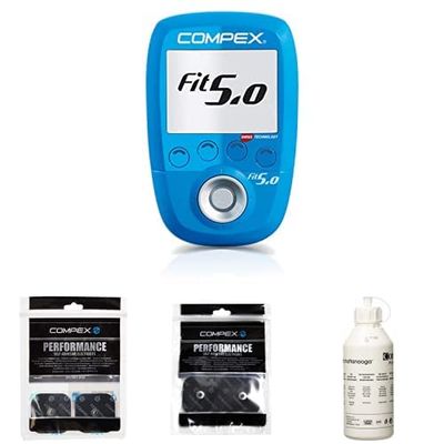 Compex Fit 5.0 Elettrostimolatore, Blu + CefarCompex - Elettrodi Performance Snap 5x5 cm Performance Elettrodi a Snap, 5x10 cm, 2 Pezzi 602048 Gel, 250 gr