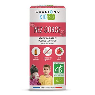 GRANIONS KID BIO GRANIONS NEZ GORGE - Certifié - DOUBLE ACTION : Apaise la gorge & favorise le confort respiratoire - Formule naturelle à base de sirop d'agave -Goût fraise - 125 ml