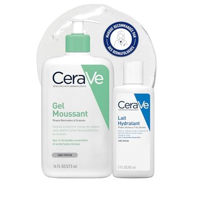 CeraVe - Routine Hydratante - Gel Moussant 473 ml + Lait Hydratant 88 ml - Nettoie, Hydrate & Préserve la Barrière Cutanée - Soins aux 3 Céramides Essentiels - Peau Mixte à Grasse