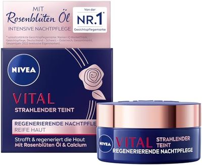 NIVEA VITAL Strålande hy regenererande nattvård för mogen hud, ansiktsvård för fastare och regenererad hud, nattkräm med rosenblad olja, kalcium och kreatin (50 ml)