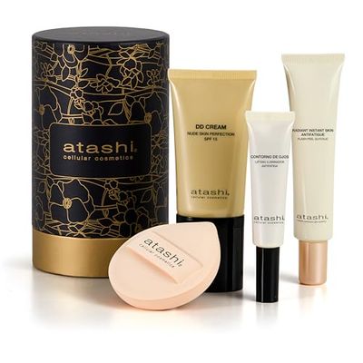 Atashi - Cofre Ritual No Make Up-Make Up - DD Cream Bronce Intenso (50ml) + Contorno de Ojos Iluminador (15ml) + Exfoliante Radiant Skin (40ml) + Esponja Maquillaje.