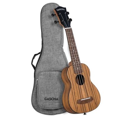 CASCHA Ukulele Zebra Wood – Legno di zebra di alta qualità, suono caldo, manico Okoume, tastiera in noce, finitura opaca, corde in carbonio, con custodia per il trasporto, soprano