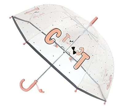 SMARTBULLE Przezroczysty parasol dziecięcy z odblaskowy obwódką: Wiatrochron; Średnica=71cm; Manualne otwieranie; Dziewczęcy parasol; Wzór: Kotek.