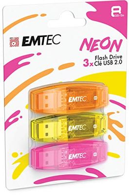 EMTEC C410 USB 2.0 Flash Drive 8 GB Read 5 Mb/S Write 15 Mb/S Compatible with USB 2.0 USB 3.0 Transparent Fluorescent Neon with Cap Pack of 3