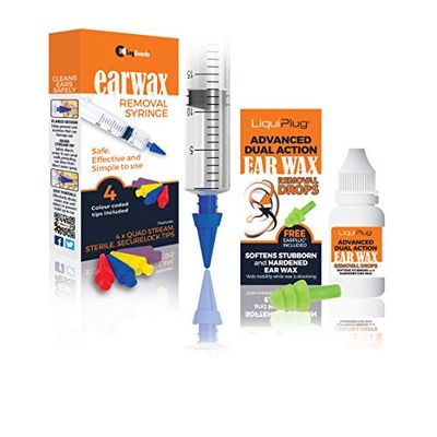 LUGGUARDS® 20ml Quad Stream Ear Wax Removal Syringe with 4 STERILE Colour Coded Tips & Liquiplug Advanced Dual Action Ear Drops