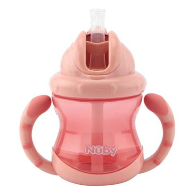 Nuby - Lot de 2 gobelets Flip-it avec paille en silicone anti-fuite - avec poignées et système de fermeture Click-it - Sans BPA - 240ml - Rose - 12+ mois