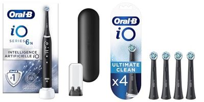 Oral-B iO 6N Brosse À Dents Électrique Noire Connectée Bluetooth, 2 Brossettes, 1 Étui De Voyage + Pack de 4 Brossettes de Rechange iO Ultimate Clean, Noir