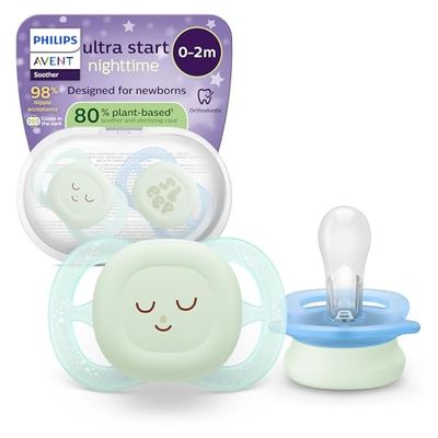 Philips Avent chupetes ultra start para la noche: diseño anatómico, para recién nacidos, brillo en la oscuridad, tetina simétrica de silicona suave, sin BPA, con estuche, paquete de 2, SCF075/18