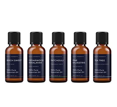 Mystic Moments | Woodland Essential Oil Gift Starter Pack 5x50ml | Birch Sweet, Cedarwood Himalayan, Patchouli, Pine Sylvestris, Tea Tree | Perfect as a Gift