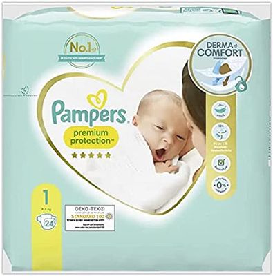 Pampers Lot de 24 couches pour bébé Taille 1 (2-5 kg) Premium Protection, Newborn Lot de 24 couches, pour un confort optimal et une protection pour les peaux sensibles