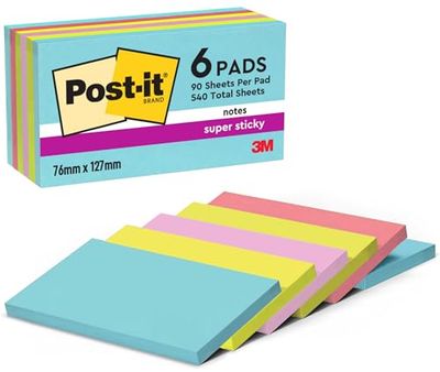 Post-it Foglietti Super Sticky, Collezione Cosmic, Confezione da 6 blocchetti, 90 Fogli/blocco, 76 mm x 127 mm, Colori Turchese, Verde, Rosa - Foglietti Extra Adesivi per Appunti, Elenchi & Promemoria