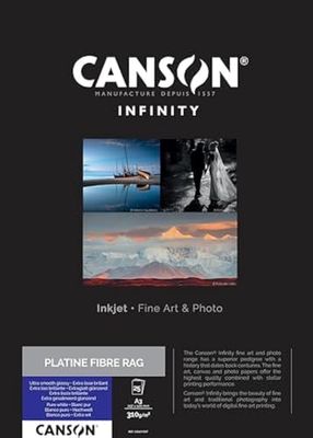 Canson Infinity Platine Fibre Rag, Papéis digitais ''vintage', ultra macio e brilhante, 310 g, folha, A3-29,7 x 42 cm, branco puro, 25 folhas