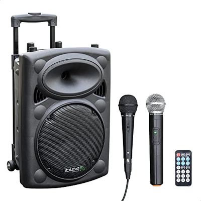 Ibiza - PORT10VHF-BT - Altavoz portátil 10"/500W MAX con 2 micrófonos (con cable y VHF), mando a distancia y cubierta protectora - Bluetooth, USB, SD - Duración de la batería de 5 a 7h - Speaker Box