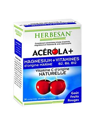 HERBESAN®- Complexe Acérola, Magnésium,Vitamine B2, B6, B12 -Réduction de la fatigue - 30 comprimés à croquer