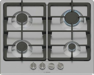 Bosch, Series 4, PGP6B5K90 60cm Gas Hob with 4 burners, 2 Dishwasher suitable cast iron pan supports, new standard sword dials, Front control
