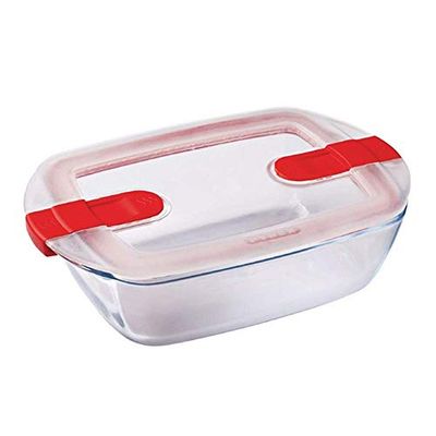 Pyrex Cook & Heat contenitore rettangolare per alimenti in vetro borosilicato con coperchio sfiatavapore per il microonde – cuocere in forno, conservare & riscaldare- 23x15cm