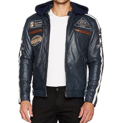 Urban Leather Herr 58 herr läder motorcykeljacka med skydd för rygg, axlar och armbågar CE-godkänd, marinblå, 6XL Plus, marinblå, 6XL (Stor)