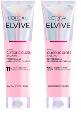L'Oréal Paris Elvive Balsamo Districante, Per Capelli Spenti e Porosi, Capelli Setosi, Con Acido Glicolico, Senza Solfati, Glycolic Gloss, 150 ml (Confezione da 2)