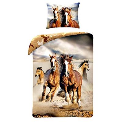 Horse Riding - Set di biancheria da letto, copripiumino con motivo cavallo marrone, per letto da 140 x 200 cm, singolo, 100% cotone, biancheria da letto