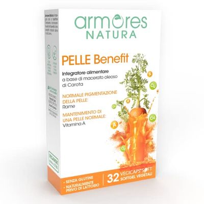 Armores Natura Integratore Alimentare, Pelle Benefit, a Base di Macerato Oleoso di Carota, con Vitamina A e Rame, Vegano, Senza Glutine e Lattosio, Astuccio 32 Softgel Vegetali