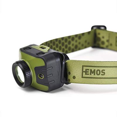 EMOS - Linterna frontal con función de enfoque - Luz roja - Brillo 330lm, alcance de 200m - 5 modos de iluminación - Duración de la luz: 87 horas - Resistente a la intemperie, a los golpes - Banda