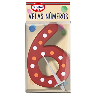 DR. OETKER Velas Número 6, Vela de Cumpleaños Para Personalizar Tartas, Cupcakes o Bizcochos - Pack de 1 Vela con Número 6 en Colores Rojo, Azul, Verde o Amarillo