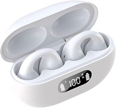 STFMHEZ Auriculares de conducción ósea Bluetooth 5.3, Ear-Clip de Oreja Abierta inalámbrica Auriculares Reproducción de 40H con HD Mic, Auriculares Inalambricos LED Pantalla, IP7 Impermeables(Blanco)