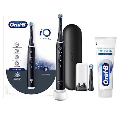 Oral-B Spazzolino Elettrico Ricaricabile iO6 Nero Con Custodia Da Viaggio, 1 Spazzolino + 1 Dentifricio Gengive & Smalto Repair, Classico-Menta 75ml