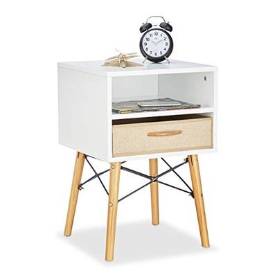 Relaxdays Mesinha de cabeceira com pernas e 1 gaveta de tecido, DM-madeira, branco, 61 x 40 x 43 cm