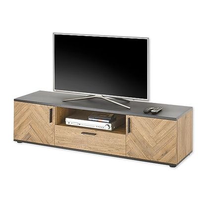 SEVILLA Tv-lowboard met visgraatpatroon in Bartex eikenlook, zwart, moderne tv-kast met lade en veel opbergruimte voor je woonkamer, 154 x 42 x 42 cm (b x h x d)