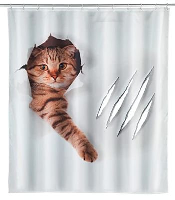 WENKO Cortina de ducha Cute Cat - lavable, impermeable, con 12 anillos para cortina de ducha, Poliéster, 180 x 200 cm, Multicolor
