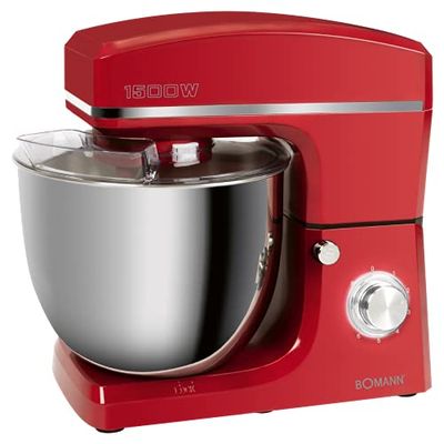 Bomann KM 660362 CB kneedmachine, 1500 W, 8 snelheden, 10 liter roestvrijstalen kom voor max. 6-6,5 kg, spatdeksel met navulopening, rood