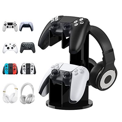 MoKo Universal Soporte Mandos, 2 en 1 Soporte para Auriculares y Gamepad Organizador de Acrílico Duradero Controlador para Mesa Compatible con PS5, PS4, Xbox One, Serie Xbox, Negro