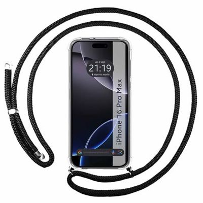 Transparante beschermhoes voor iPhone 16 Pro Max (6,9 inch), met zwart koord