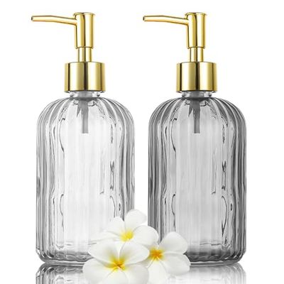 KOOSREEL Paquete de 2 jabones de Vidrio versátiles, Botella de Bomba sin Goteo de 17 onzas, dispensador de Tarro de Mano líquido Recargable para baño, encimera, Cocina, lavandería, Transparente y